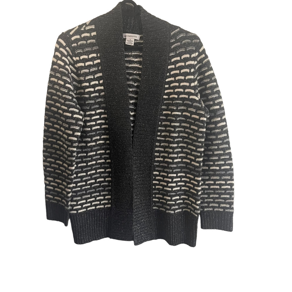 Liz Claiborne Chunky Metallic Geometric Open Front Cardigan Sweater Black Grey S